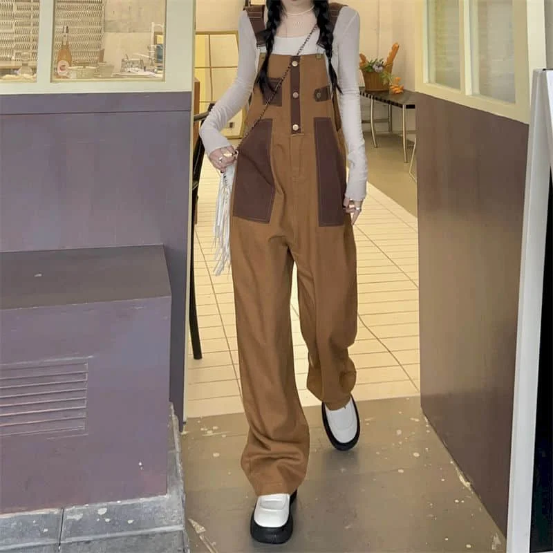 

Denim Jumpsuits Women Harajuku American Style Patchwork Straight Pants One Piece Outfits Women Rompers Casual Vintage Playsuits