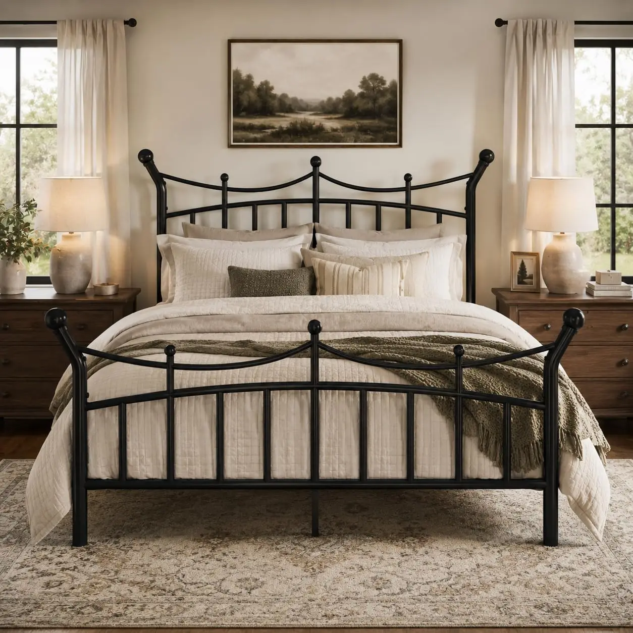 Victorian Crown Metal Bed Frame Queen Size Black, Customized
