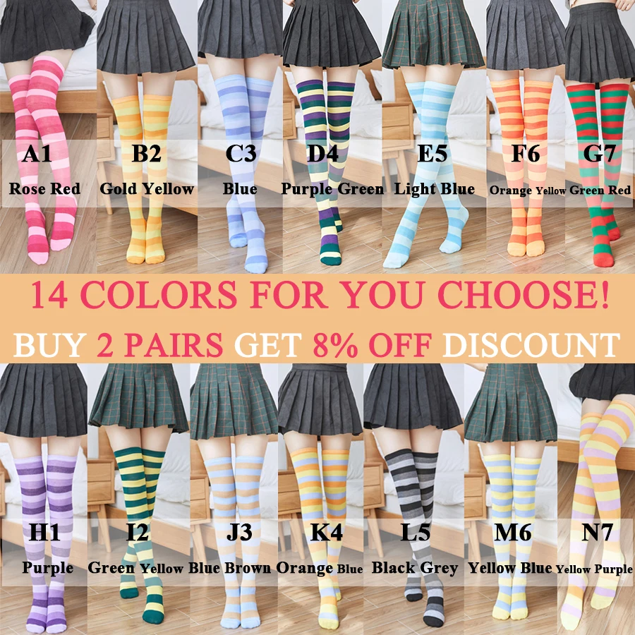 Stockings Women Socks Colorful Stripes Over Knee Cotton Sexy Slim Cosplay Show Ladies Girls Christmas Halloween Gift 1 Pairs New