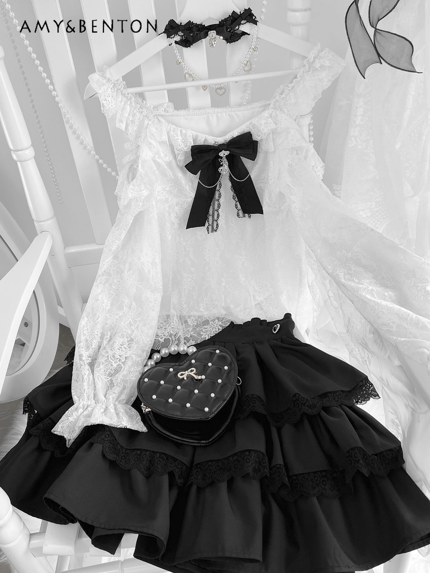 Sweetheart Girl Daily Lolita ชุดกระโปรงฤดูร้อนญี่ปุ่น Mine Off-ไหล่ลูกไม้แขนยาวโบว์เสื้อกระโปรงมินิชุด 2 ชิ้น