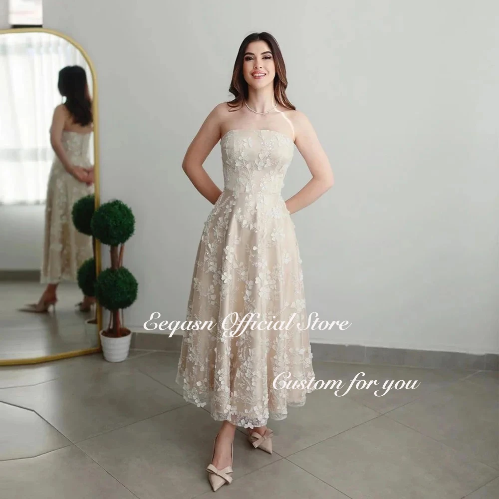 Luxury Champagne Evening Dresses Strapless Long Sleeves Formal Occasion Dress for Woman Saudi Dubai Wed Party Gowns Customized