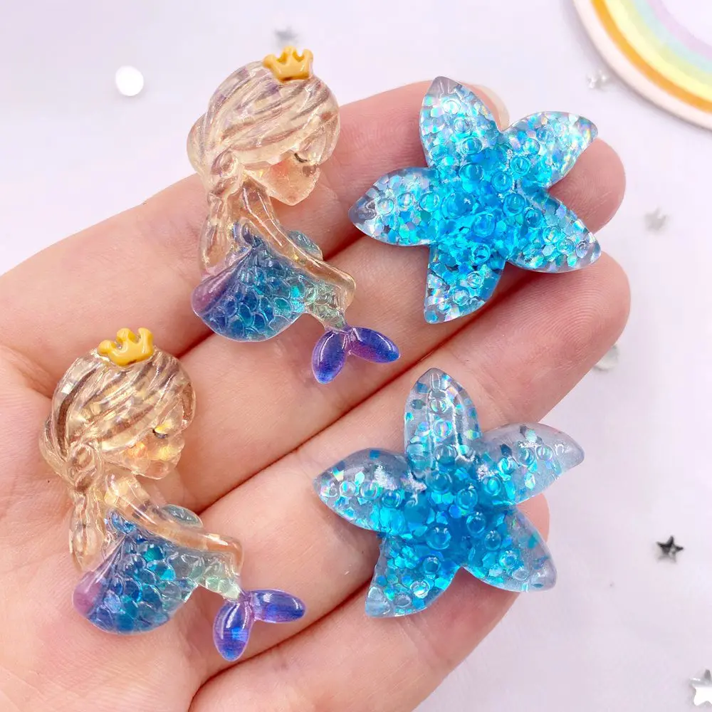 10PCS Resin Kawaii Colorful Mermaid Starfish Starry Blue Series Flatback Rhinestone Cartoon Figurines Scrapbook DIY Decor M399