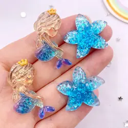 10 sztuk żywica Kawaii kolorowa syrenka rozgwiazda gwiaździsta niebieska seria Flatback Rhinestone figurki z kreskówek księga gości DIY Decor M399