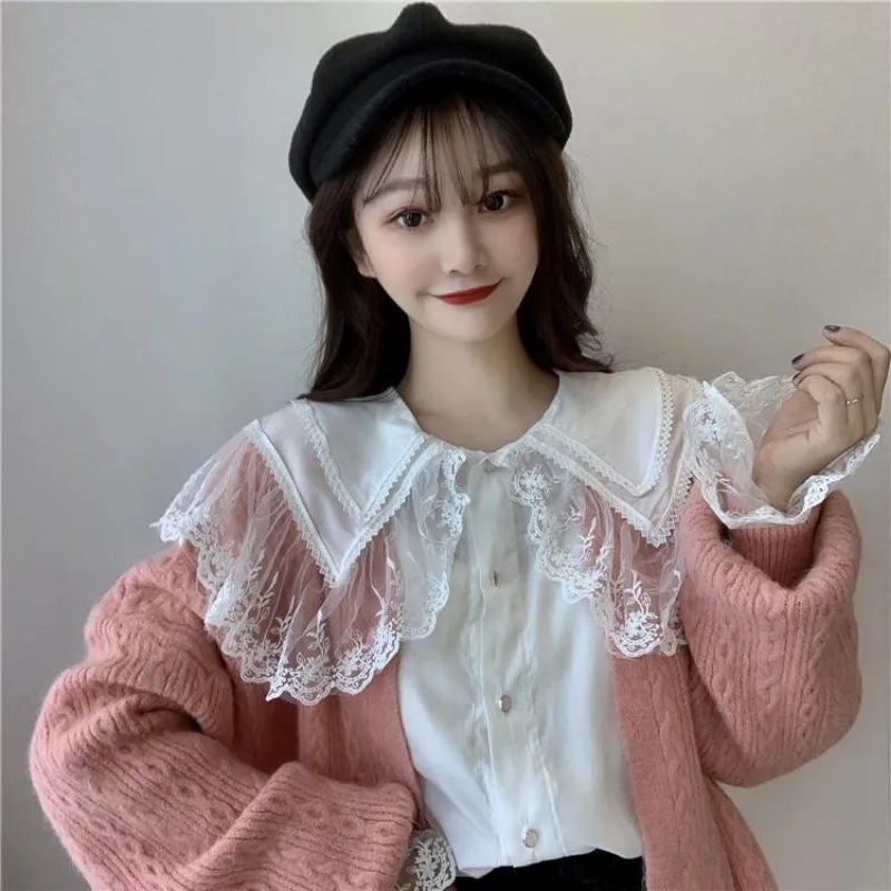 Hikigawa Chic Fashion Women Korean Loose Peter Pan Collar Lace Long Sleeve Shirts Summer Vintage Elegant Blouse Tops Mujer