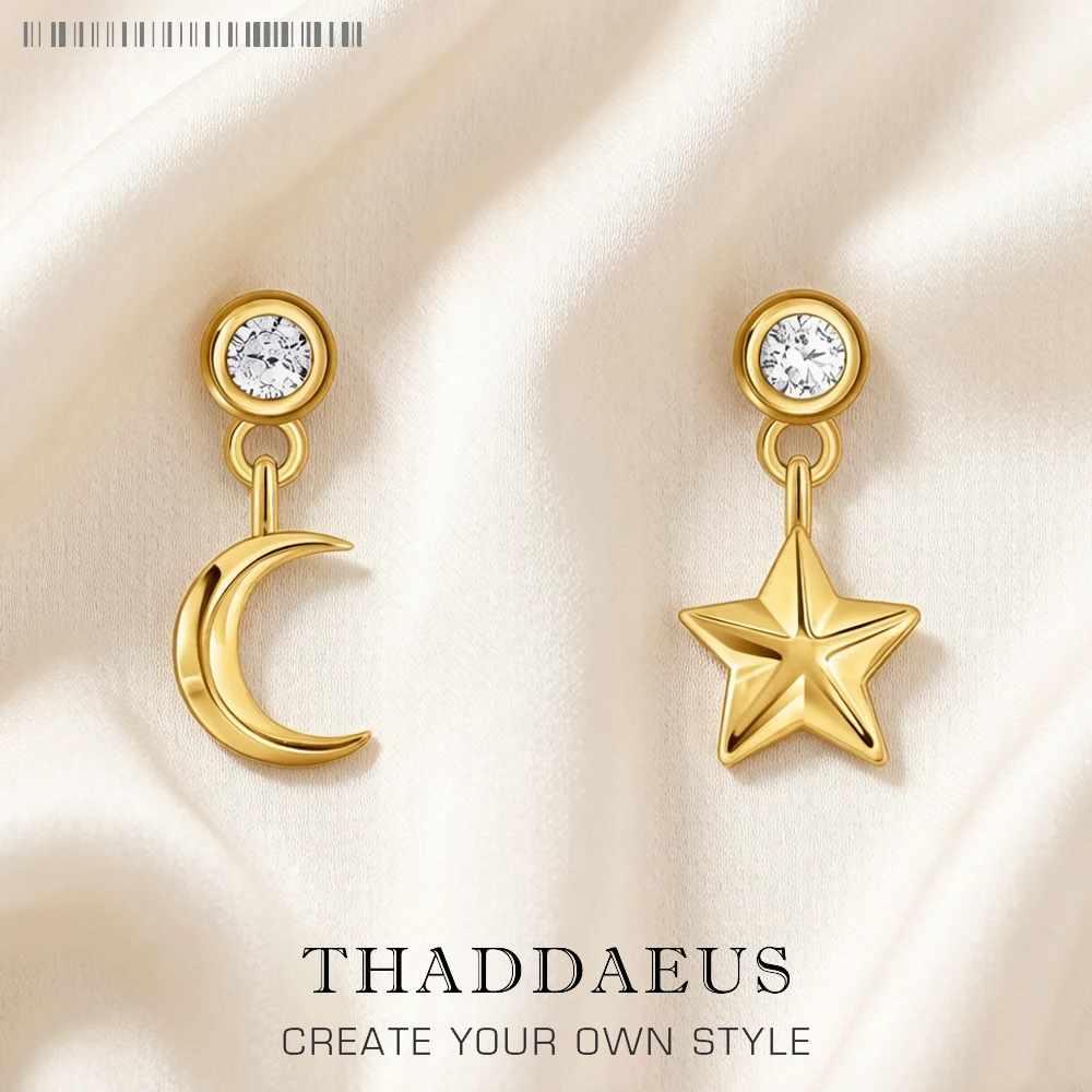 

Gold Plated Ear Studs Star and Moon Europe Vintage Jewerly For Women New Cosmo Gift In 925 Sterling Silver
