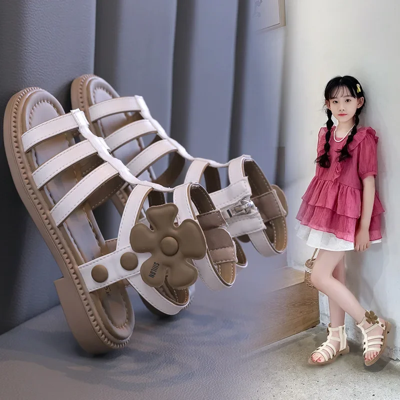 Girls' Shoes Children's Roman Sandals 2024 New Summer Middle-aged Young Trendy Princess Slipper Soft Soled Beach Boots