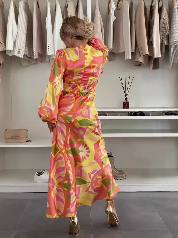 Outono sexy decote em v oco para fora vestido de férias moda feminina padrão impressão magro vestido longo casual manga longa bohe vestidos de festa