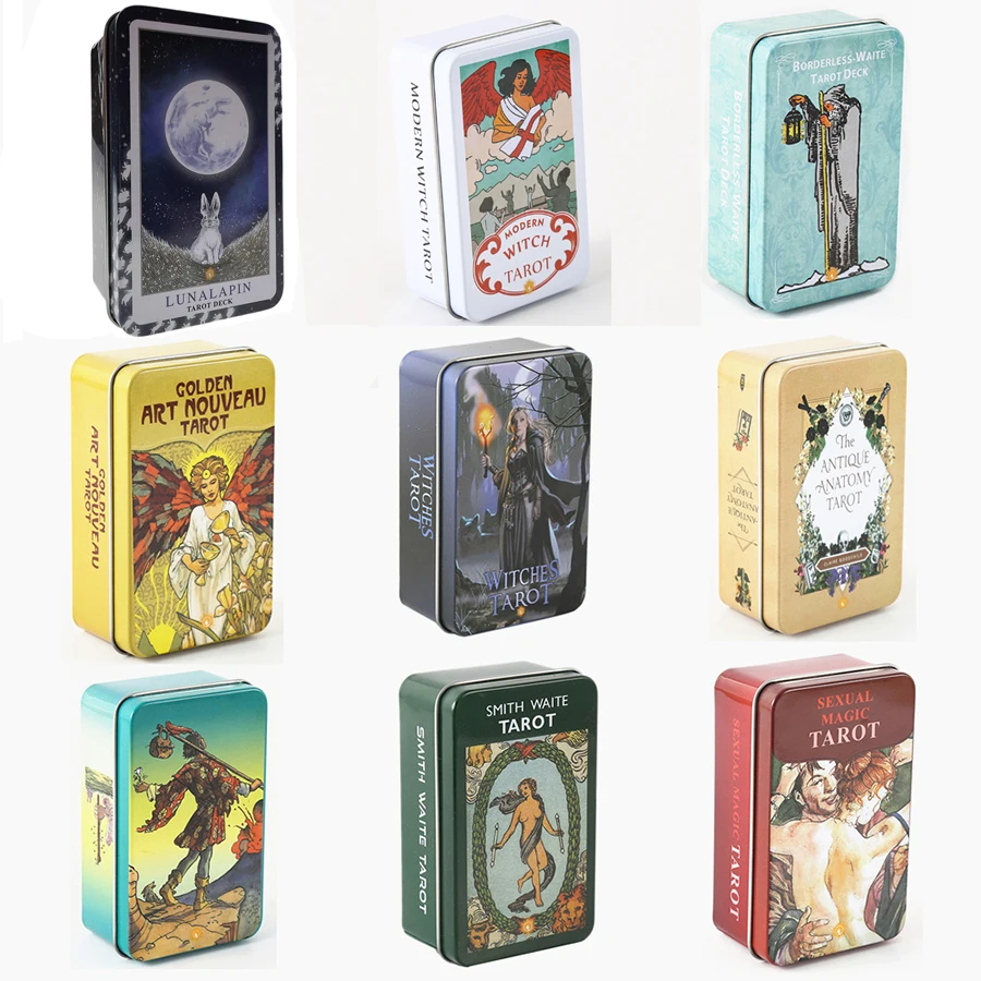 high quality tarot cards in Metal Tin Box 10cm*6cm board games gold green-plated Edge 78 cards with paper manual