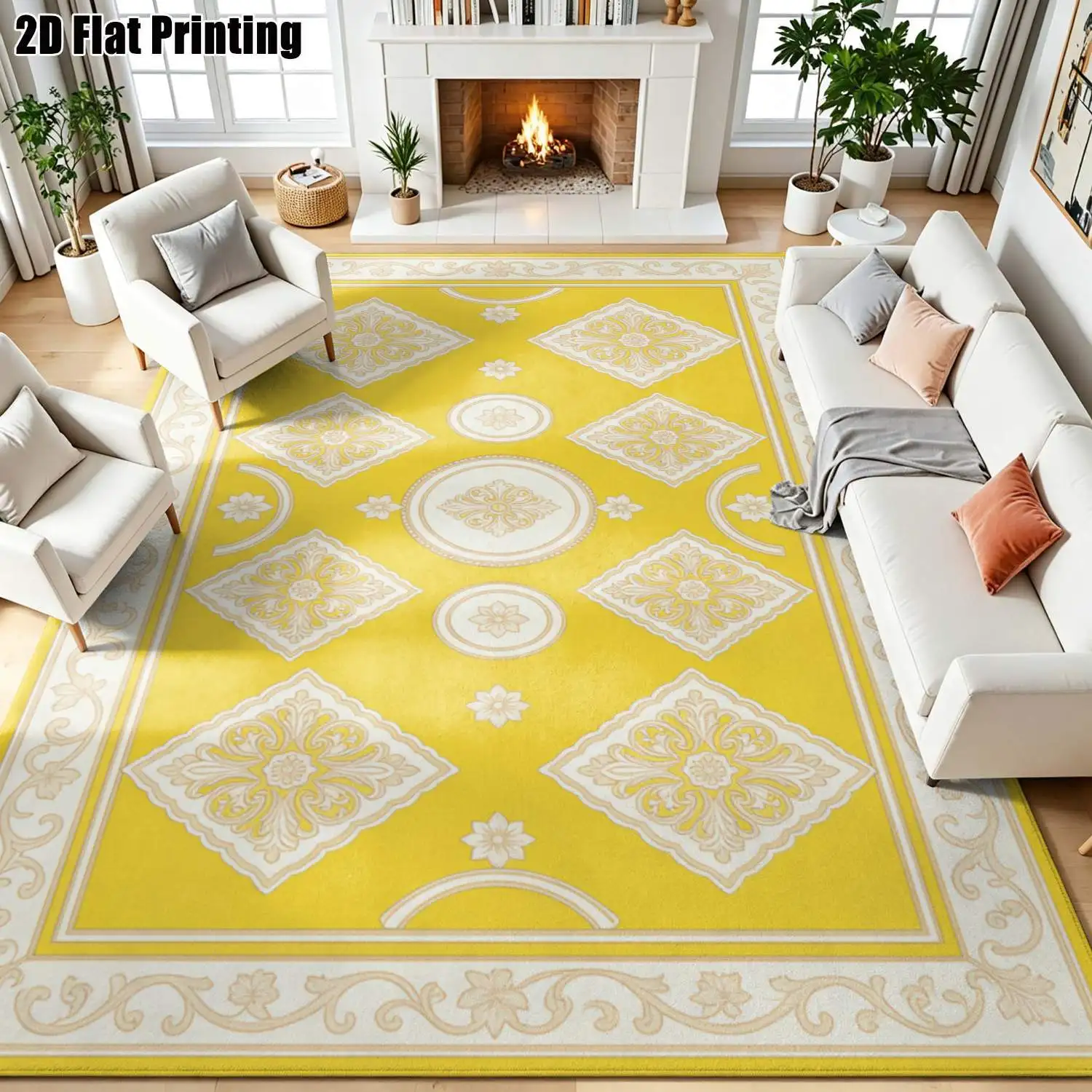 1Pc 2D Printed Beige Light Yellow Retro European Carpet, Multi-Size Machine Washable, Fit Home Decor & Multi-Scenes