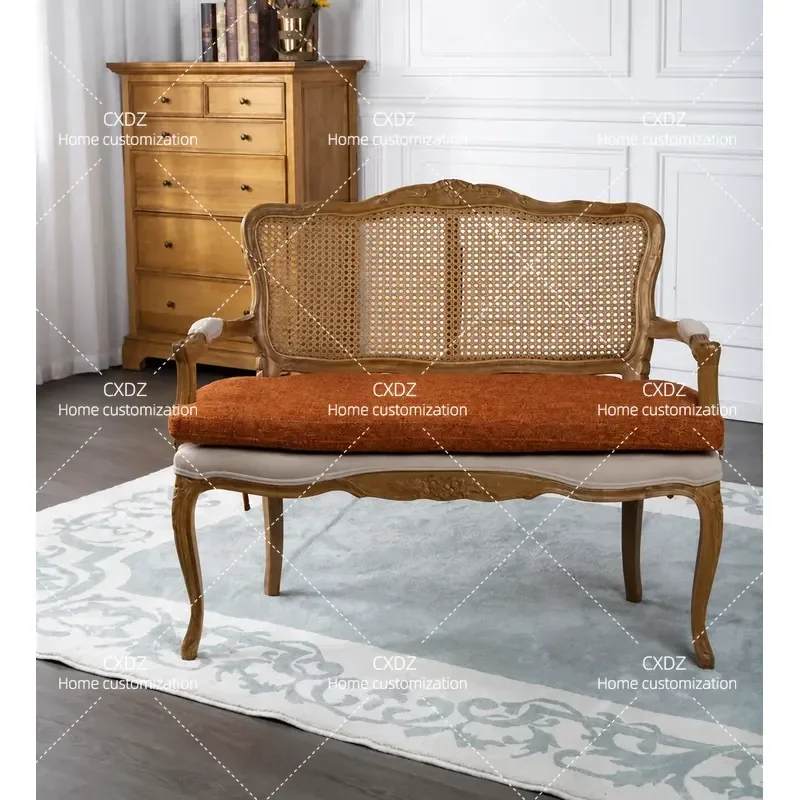 Rural Retro Solid Wood Sofa Chair Casual Fabric Neoclassical Double Triple Seater Armrest Dining Chair for Living Room