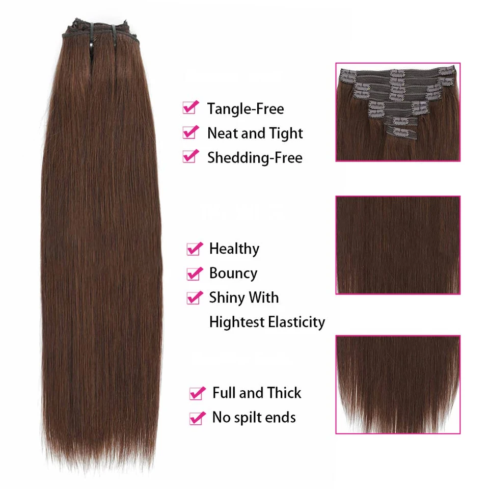 Extensiones con Broche Marrón Chocolate, Cabello Liso Suave, Extensiones de Cabello Humano Real, 8 Piezas con Broches, 120G por Paquete 2