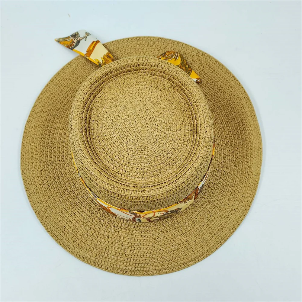 Summer Fashion Scarf Accessories Straw Hat Women\'s and Men\'s Sun Hat Flat Top Beach Hat Wide Eaves French Elegance Hat New