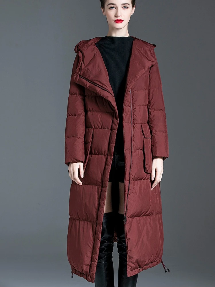 Winter Women's Hooded Down Jacket Over-the-knee Puffer Jacket Thickened White Duck Down Warm Slim-Fit Coat New Trendy Coats