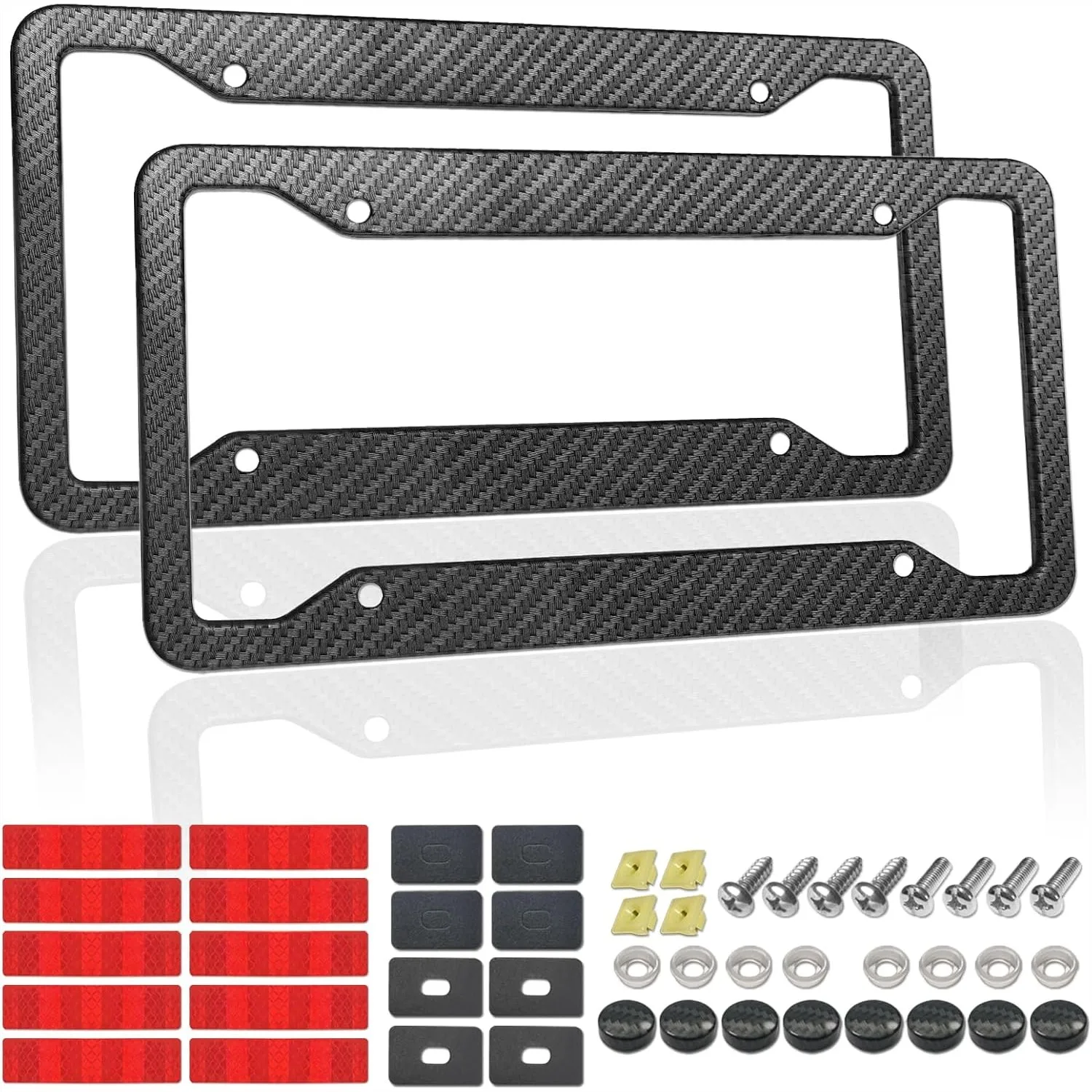 

Carbon Fiber License Plate Frames 2 Pack - Black Aluminum Car Tag Holder with Mount Screws, Rattle Proof Pads, Reflective