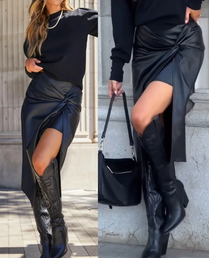 Monochrome Twisted Split Pu Leather Asymmetric Short Skirt 2023 New Hot Selling Fashion Women's Wear