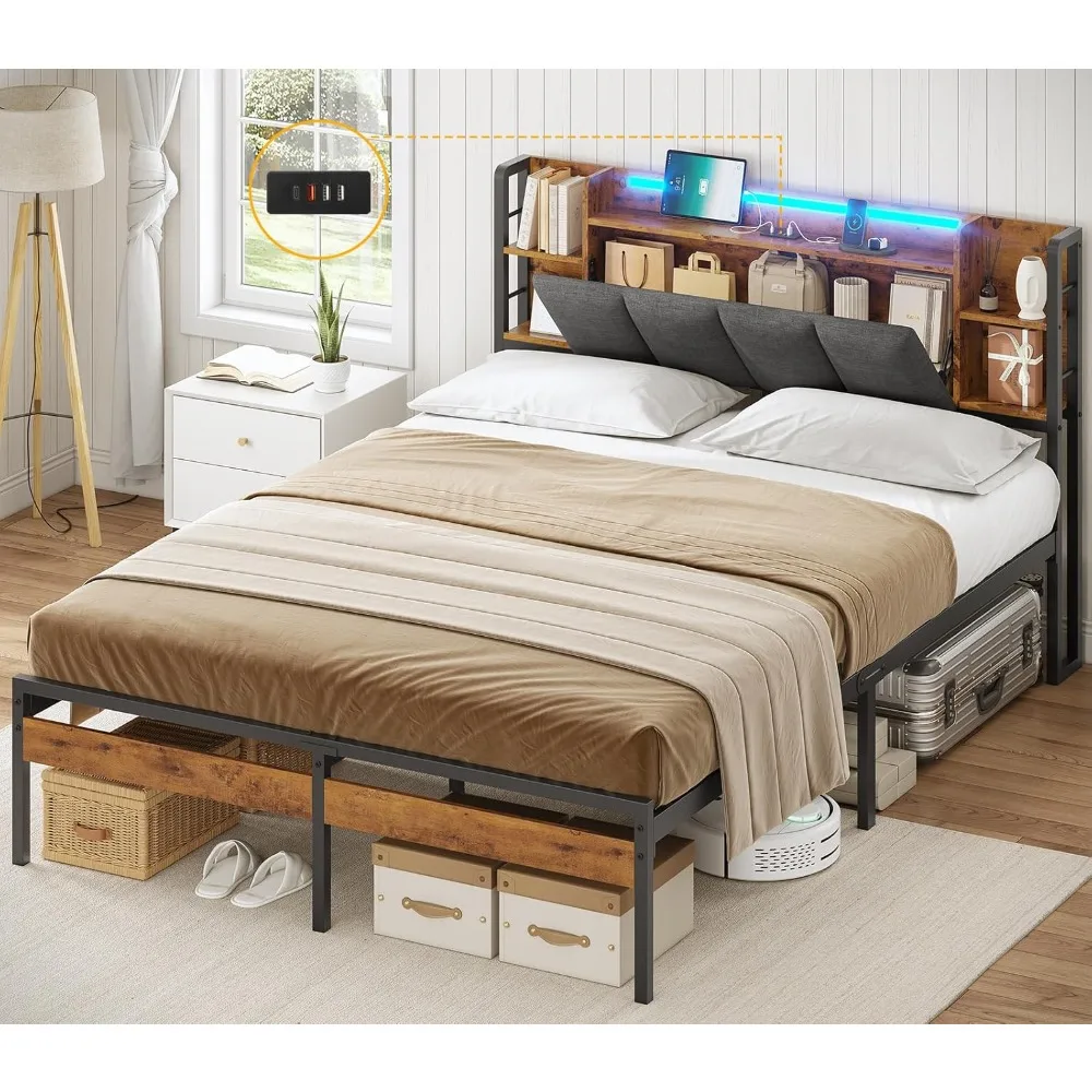 lit 140 x 190 cm avec sommier LED réglable avec multiprise, cadre de lit 140 x 190 cm avec rangement, 5 compartiments ouverts et 1