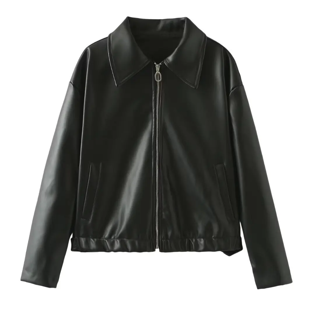 Chaquetas de cuero con cremallera para mujer, abrigos de calle, prendas de vestir ins, chaqueta de Moto, abrigo negro, ropa de otoño, moda Chic, novedad de 2024