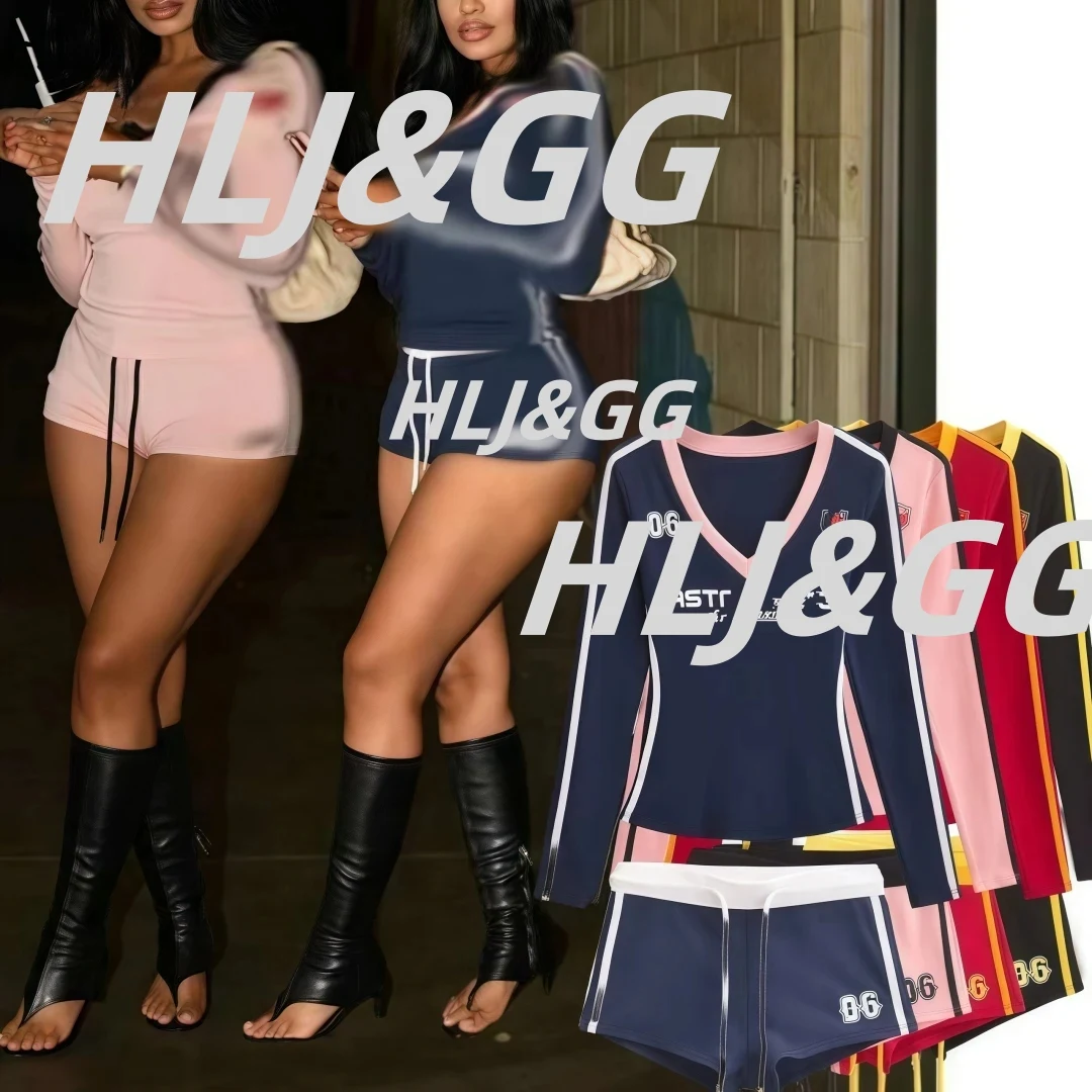 HLJ Retro Patchwork Letter Printing Sporty Two Piece Sets Women V Neck Long Sleeve Top And Drawstring Shorts Tracksuits Outfits