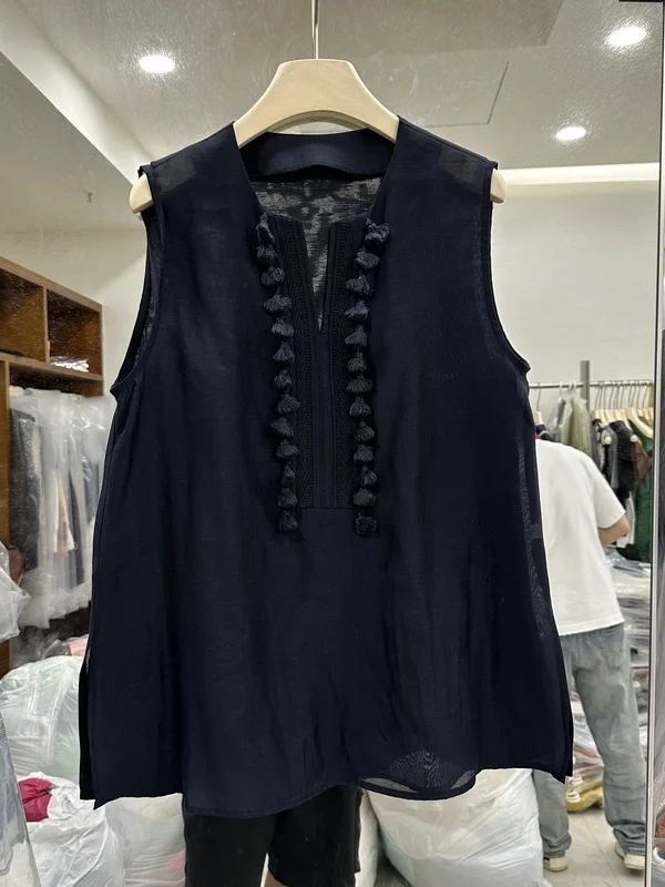 

Женская рубашка-жилет в простом стиле с вышивкой и бахромой, с круглым вырезом, средней длины, летняя новинка, повседневная мода