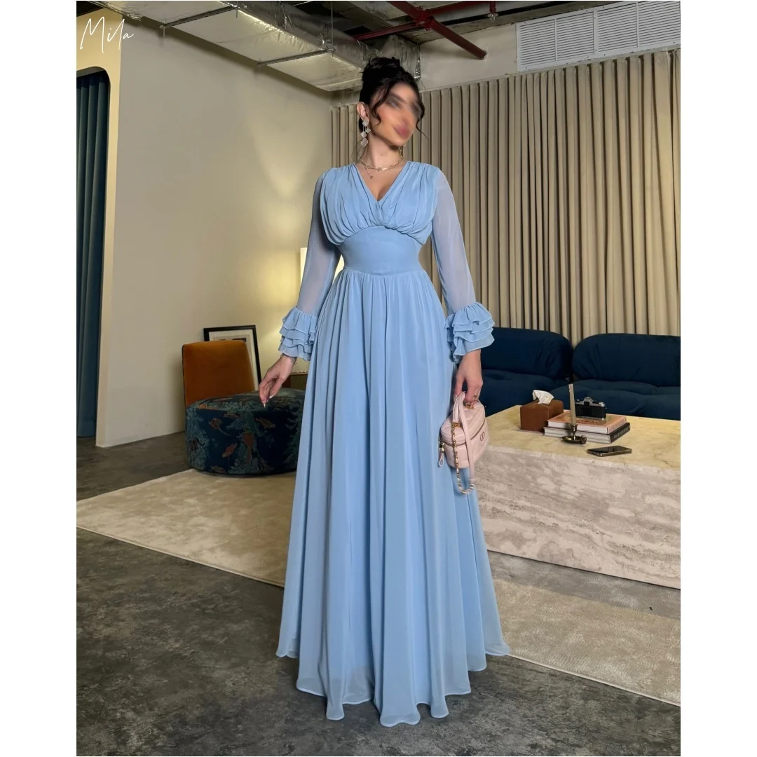 

Mila Light Blue V-Neck Gown Prom Dresses Sheer Ruffled Sleeves Customized Formal Evening Maxi Skirt vestidos de gala for Wedding