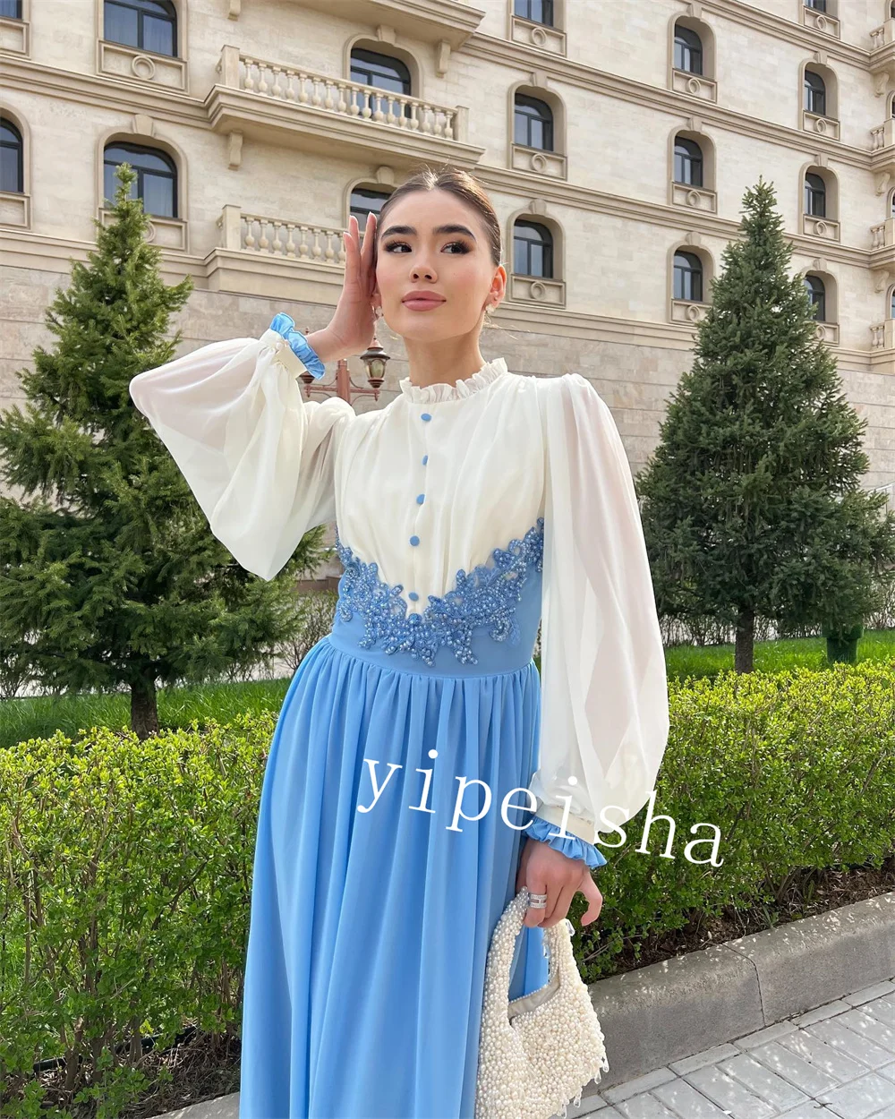 Jiayigong-vestido Midi de gasa con botones de perlas para quinceañera, joya de línea A, a medida, para ocasiones, Arabia Saudita