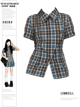 여성 일본 패션 프레피 빈티지 2000년대 미적 반소매 셔츠 격자 무늬 블라우스 자르기 탑 귀여운 코어 한국어 갸루 요염한