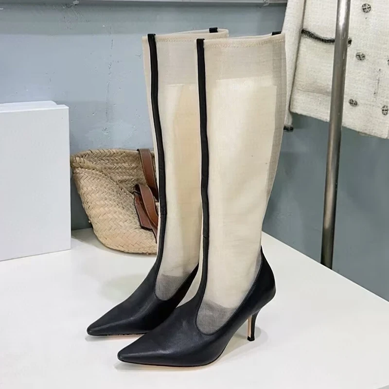 Genuine Leather Mesh Splicing Breathable Long Botas Women Pointed Toe Thin Heels Over-the-knee Boots Spring Autumn Modern Boots