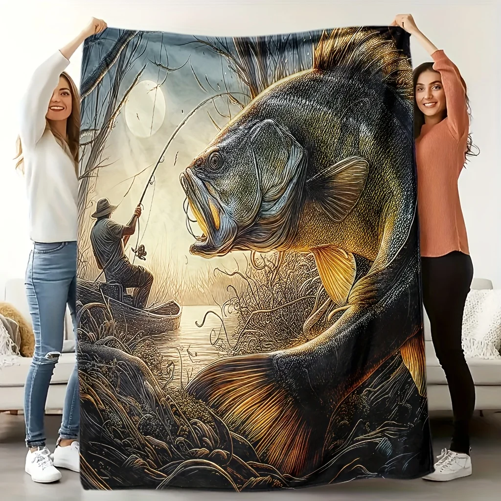 Realistic Fishing Fish Blanket Throw Tapestry Outdoor Camping Decor Artistic Angling Gift for Fisherman Home Picnic Couch Cover