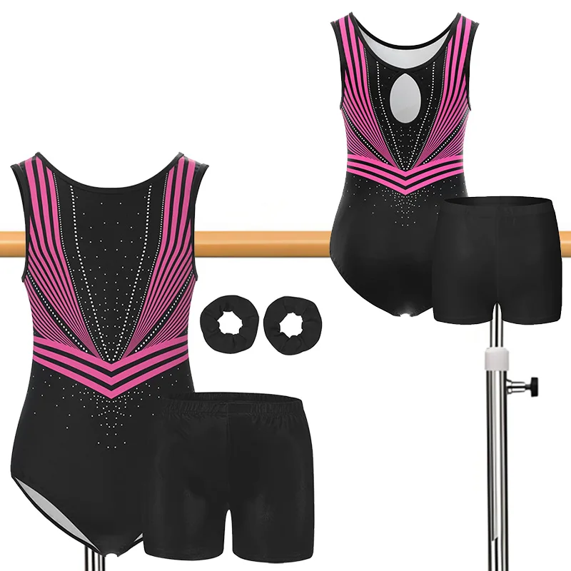 Girls 4pc Gymnastics Leotards Athletic Biketard Unitard Tumbling Activewear Outfits for kids(No diamond)