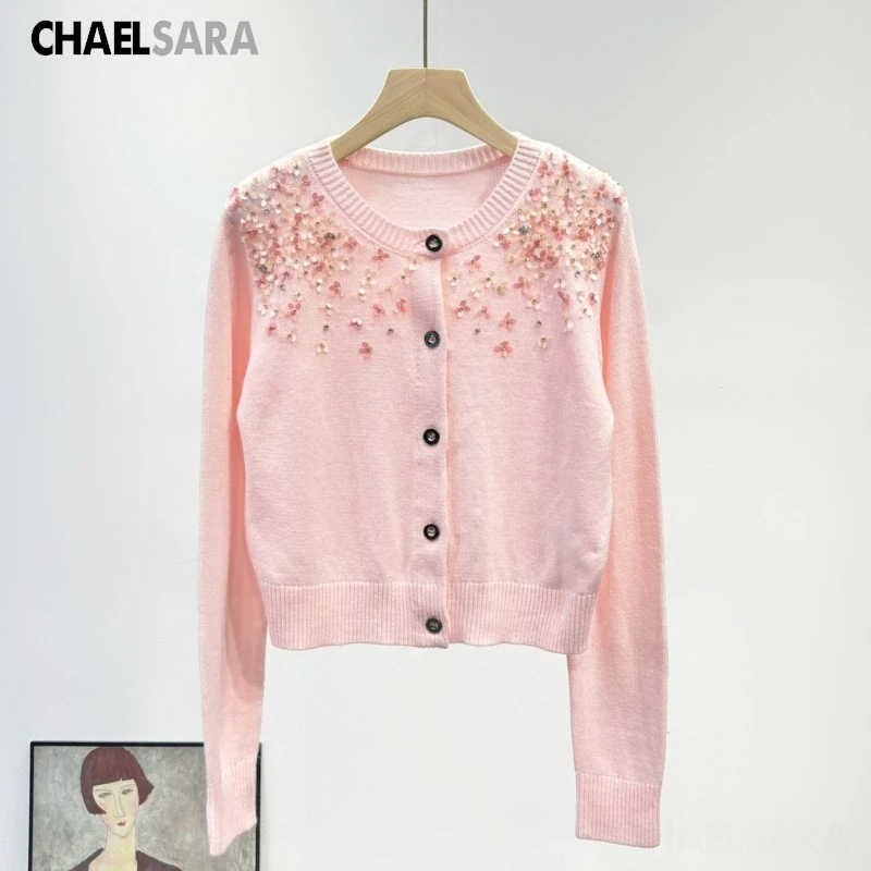 

High Quality 2025S New Spirng Autumn Sweet Butterfly Sequins Pink Knitted Cardigan Women Fashion O Neck Long Sleeve Sweater Tops