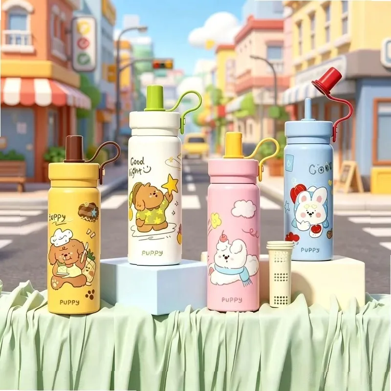 High looks quotient316Stainless Steel Macaron InsulatedCup Cartoon Cute Kids Students Water Bottle Portable Handle Flower TeaMug