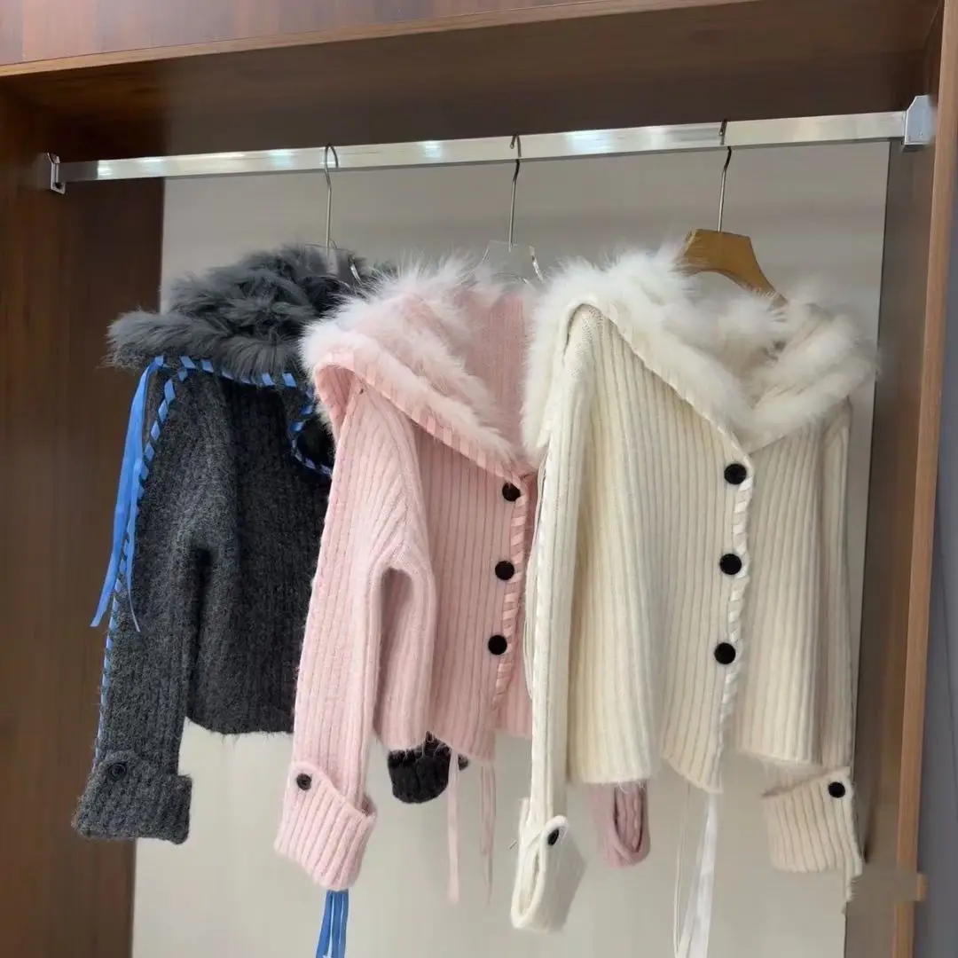 

Autumn Winter Design Vintage Faxu Fur Coat Patchwork Casual Knitted Sweater Casual Solid Loose Cardigan Jacket Fashion
