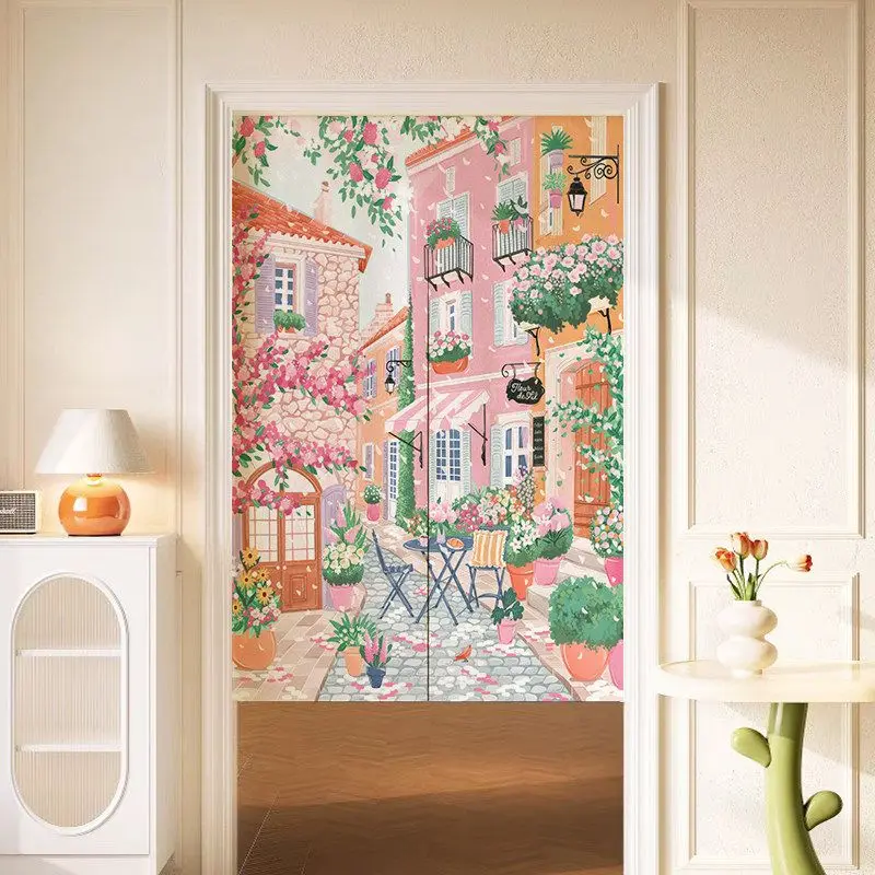 VIKAMA Windmill Coast Town Print Noren Split Door Curtain Room Divider Privacy Curtain for Entryway Apartment Art Home Decor