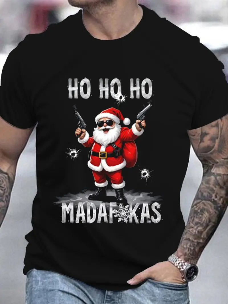 Christmas Men's Cool Santa Claus Shoot 3D Printed T-Shirt, Summer Casual Round Neck Short Sleeve Outdoor Top, Holiday Gift