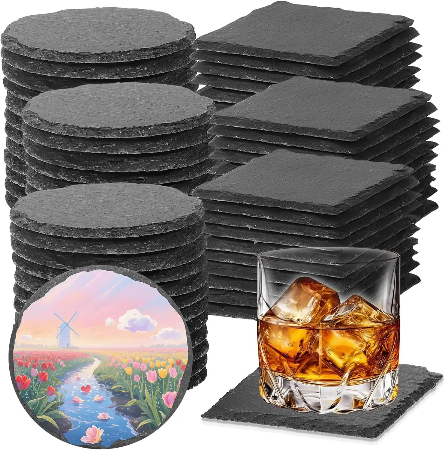 

72pcs Black Slate Coasters, 4 Inch Bulk Blank Rock for Laser Engraving DIY, Scratch Resistant Bottom (Square+Round)