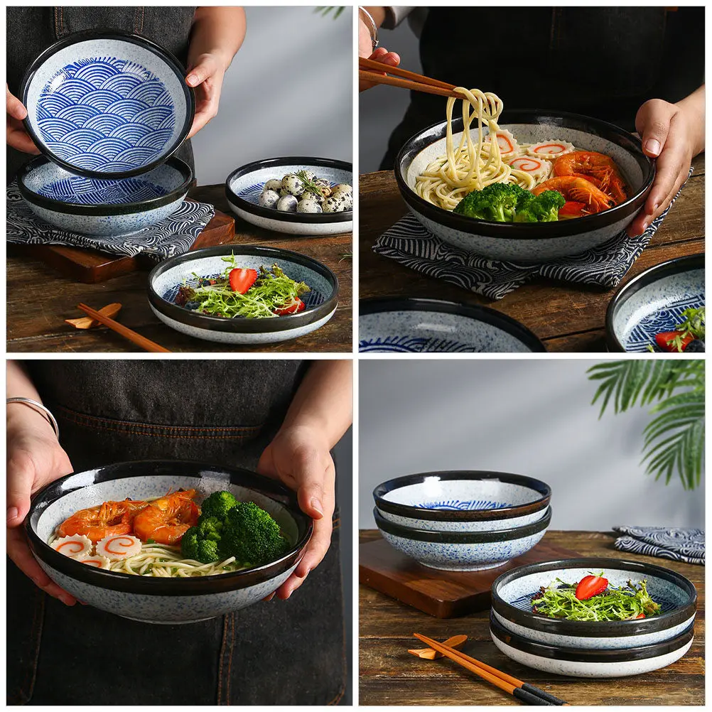 Ceramic Plate Japanese Style Sea Wave Pattern Vintage Food Serving Tray Multi-Function Dinner Plate for Home Kitchen Buffet