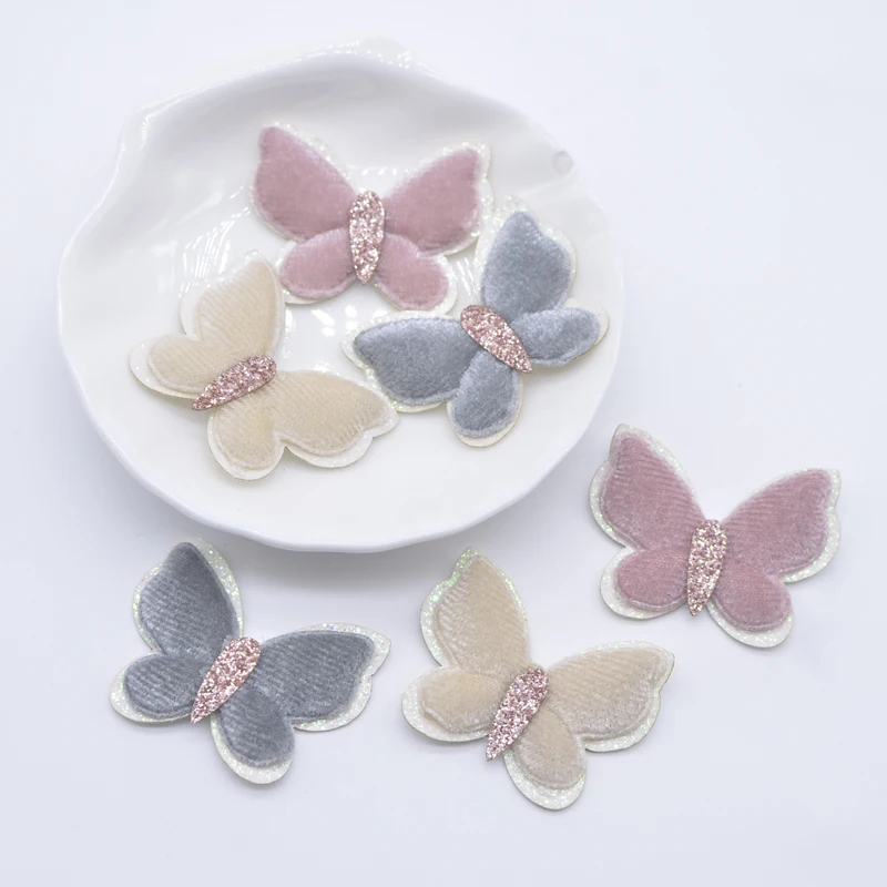 10Pcs 35*27mm Short Plush Double Butterfly Appliques for DIY Headwear Hair Clips Bow Decor Accessories