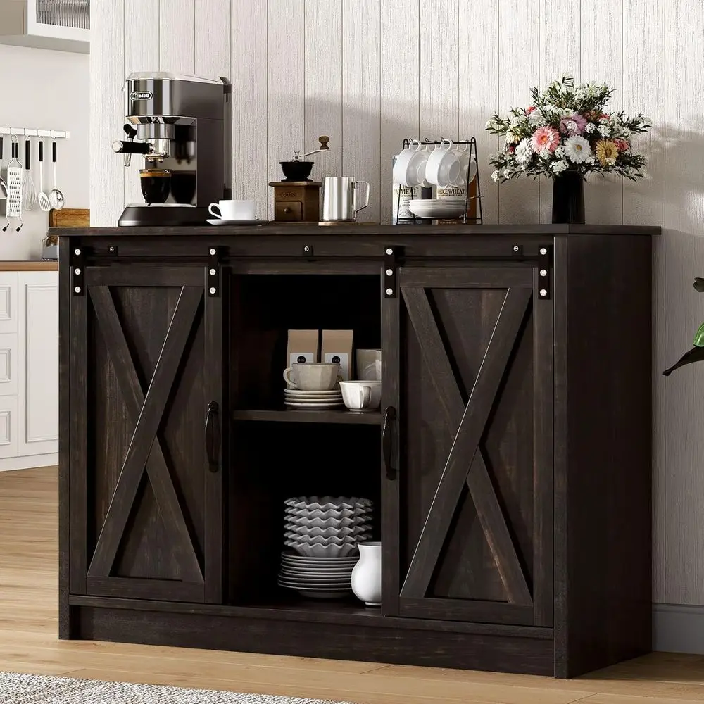 

42" armhouse Coee Bar Cabinet, Buet Cabinet with Sliding Barn Door & Adjustable Shel or Small Spaces, Coee Station Cabinet or Di