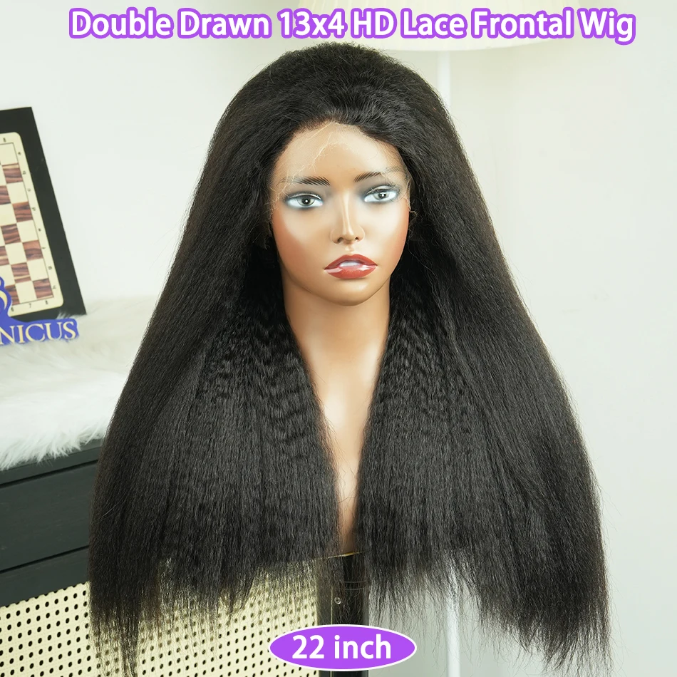 

Парик из натуральных волос Double Drawn Kinky Straight с HD-кружевной фронтальной частью 13x4 # Натуральный цвет 1B, 200% плотность, предварительно выщипанные, осветленные узлы, необработанные волосы