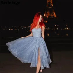 Sevintage Sky Blue Glitter Sequin Prom Dresses Sweetheart High Slit Ruched Tea Length Homecoming Dresses vestidos de graduación