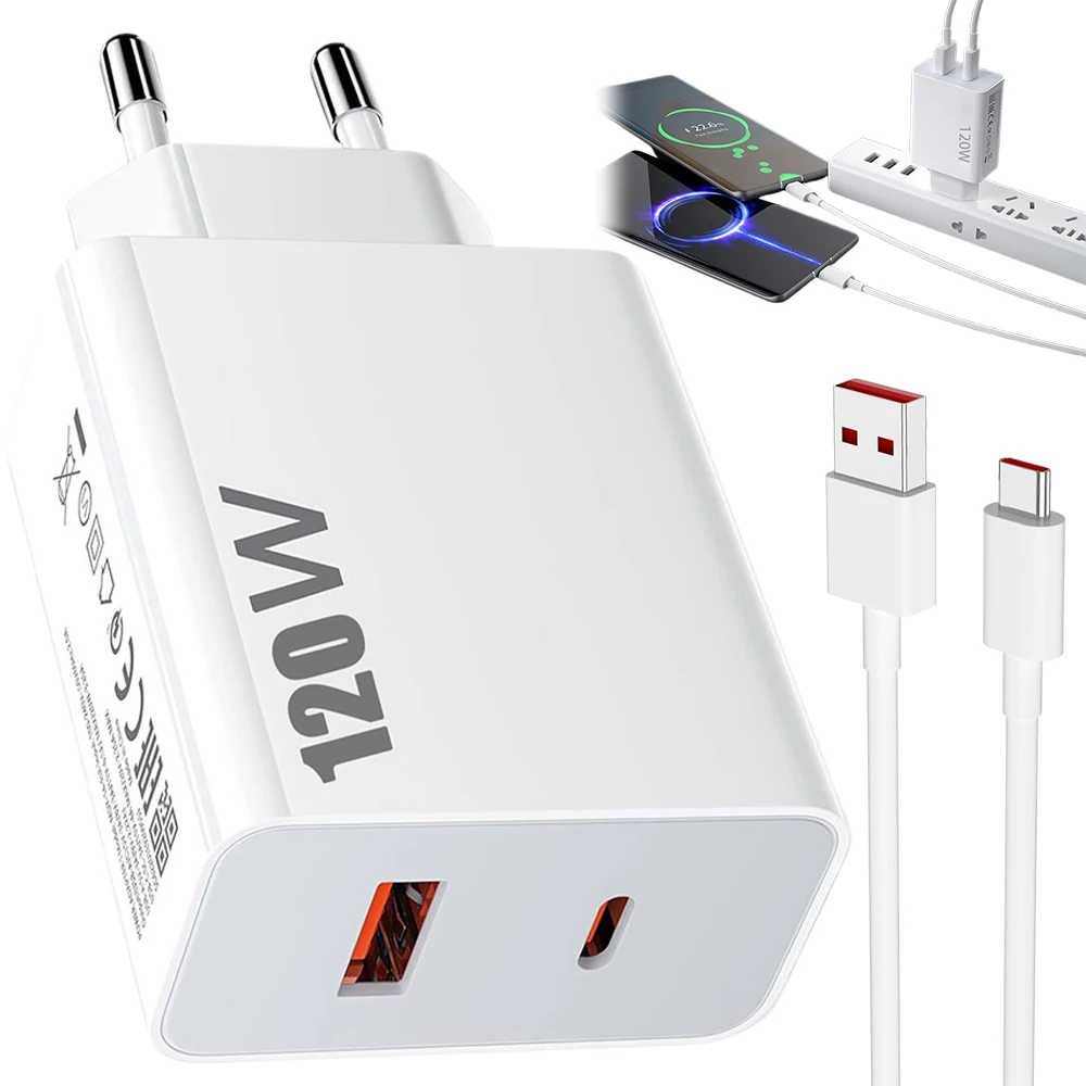 Szybka ładowarka ścienna USB 100-240V 120W EU do Xiaomi 11 12 13 14 15 Ultra Redmi Note 11T 12 13 POCO F6 X5 Pro z kablem do szybkiego ładowania Type C Turbo