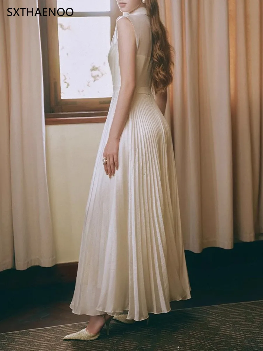 SXTHAENOO, vestido plisado con tiras empalmadas a la moda para mujer, vestidos elegantes de malla de retales de cintura alta sin mangas con solapa, novedad de verano 2025