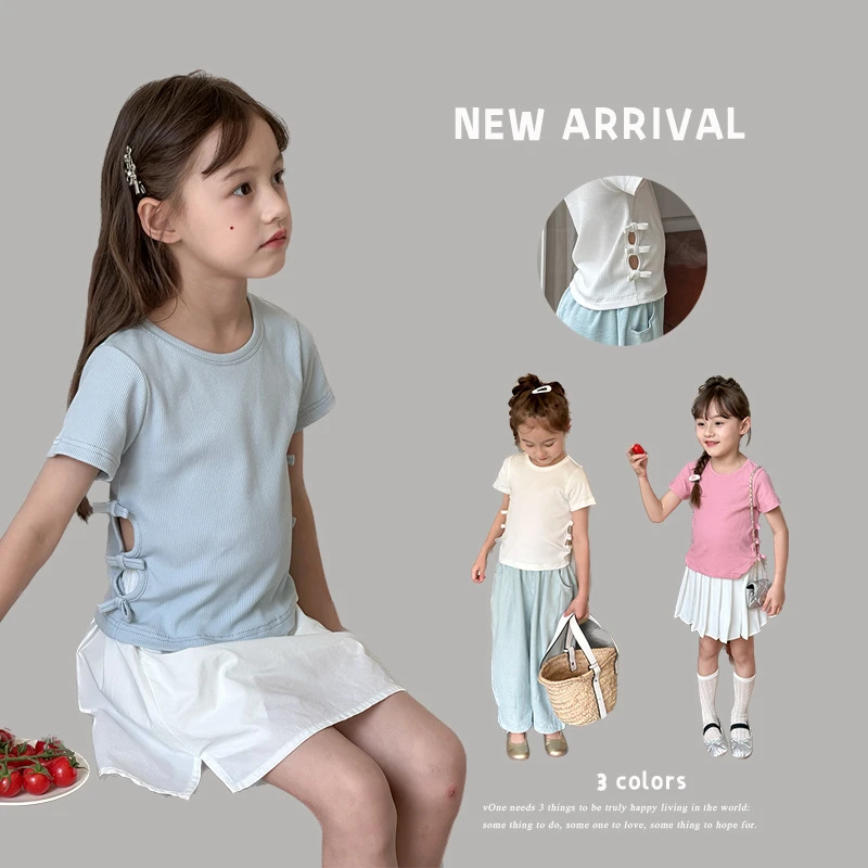 Girl Shirt Top 2024 Summer Girls Sweet Cute Side Bow Design Sense Slim Short Sleeve T-shirt Top Baby Girl Solid Short Shirt Top