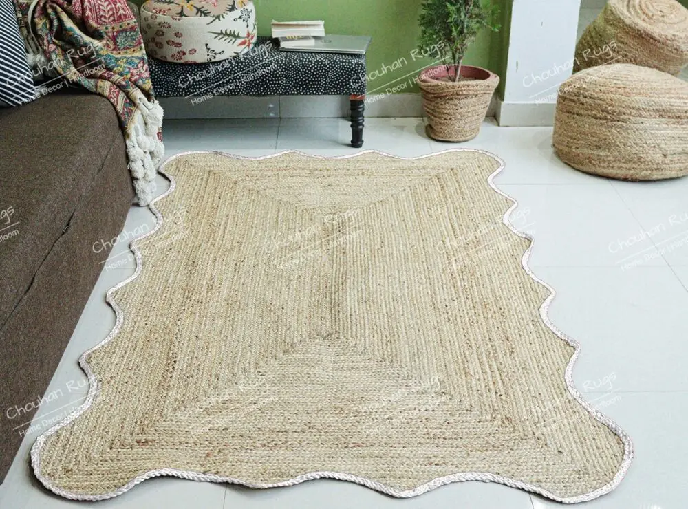 

Natural Jute Rugs Hand Braided Carpet for Living Room Beige White Scalloped Tie-dye Bedroom Home Decor