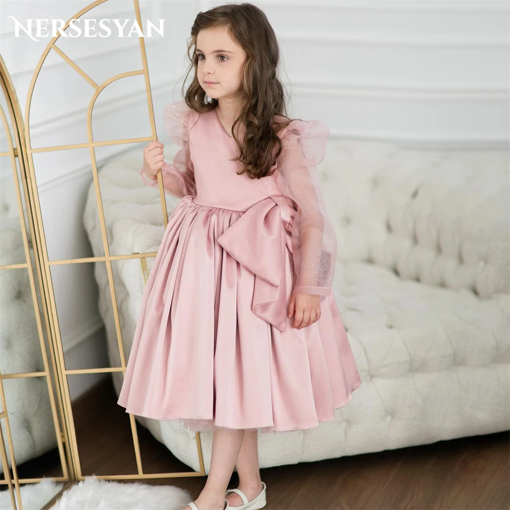 Nersesyan Pink Elegant Flower Girl Dresses For Wedding Cap Sleeves A-Line Side Bow Solid Pleats Children Occasional Party Gowns