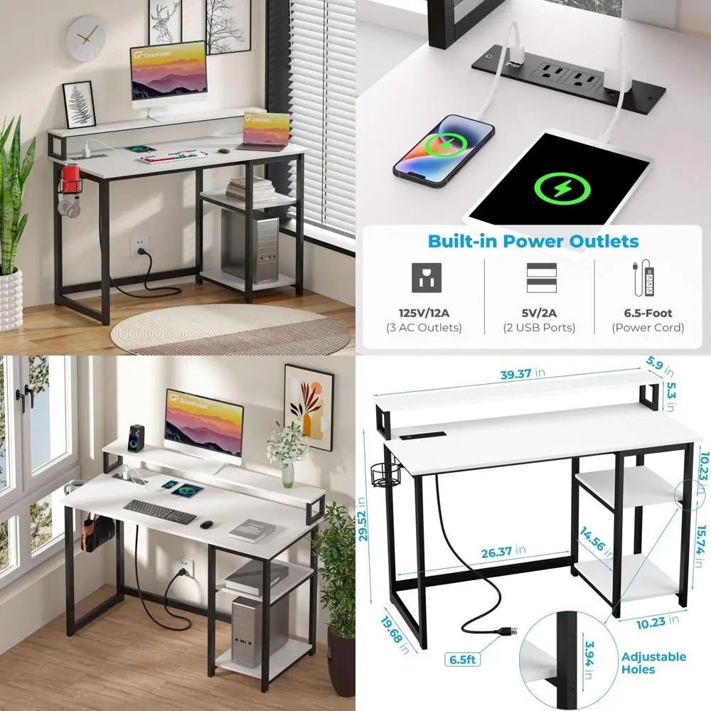 

40 White Ergonomic Home Office Desk with Power Outlets, Compact Computer Desk, Reversible Gaming Desk, Modern Study Desk, Laptop