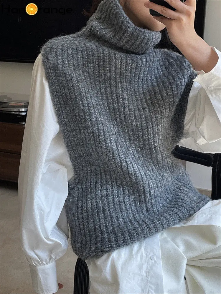 HanOrange 2024 Autumn Winter Simple Turtleneck Wool Knitted Vest Women Large Cuffs Casual Sleeveless Sweater Top Female