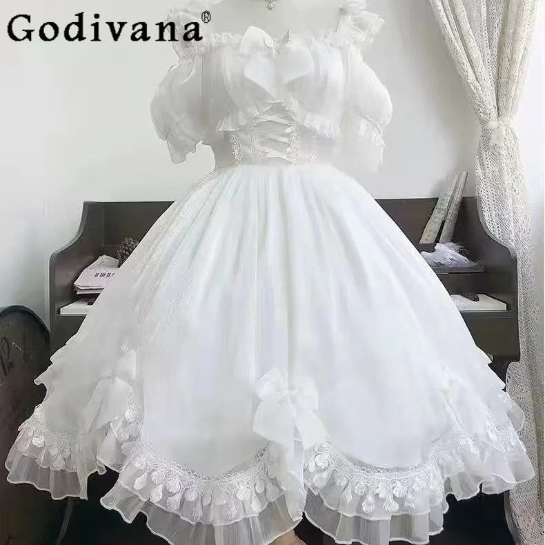 

Japanese Victorian Gothic Lolita Dress Women Black White Elegant Backless Fairy Dresses Girly Kawaii Sweet Cosplay Mini Dress Op