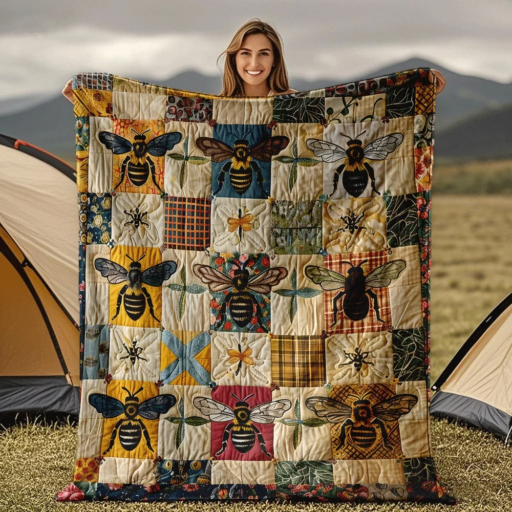 Bee Themed Quilt Blanket, Honeycomb Bumblebee Print, Heavy Flannel All Season, Farmhouse Machine Washable Housewarming