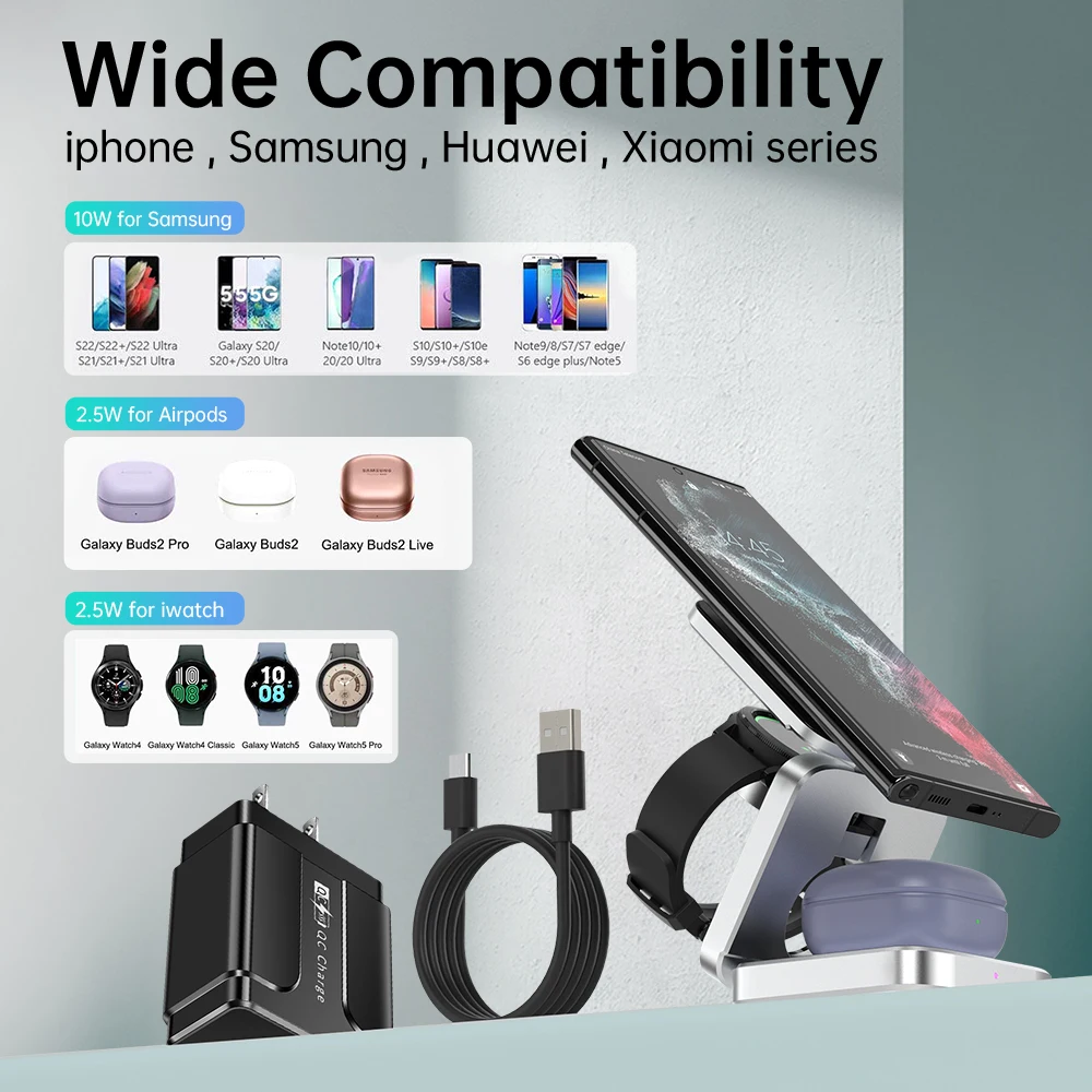 Foldable 3 in 1 Wireless Charger Stand for Samsung Galaxy S23 Magnetic Fast Charging Dock Station for Watch 6 Holder Buds2 Pro